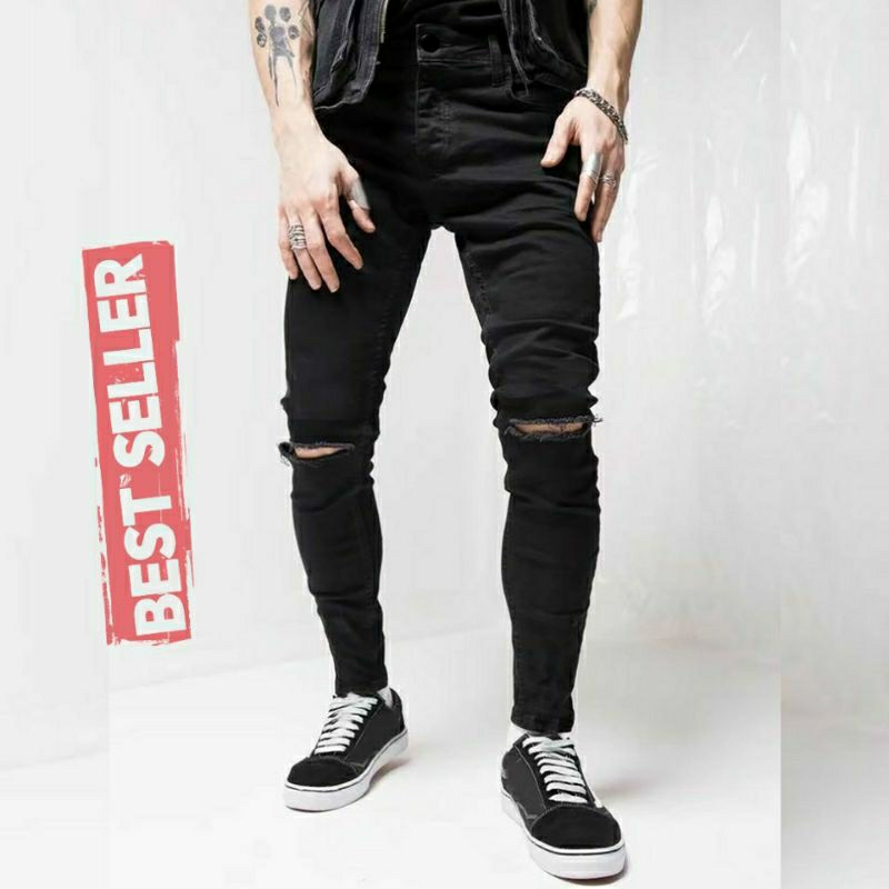 CELANA SOBEK PRIA RIPPED JEANS SLIMFIT SKINNY STRETCH PENSIL HITAM PREMIUM 27-38