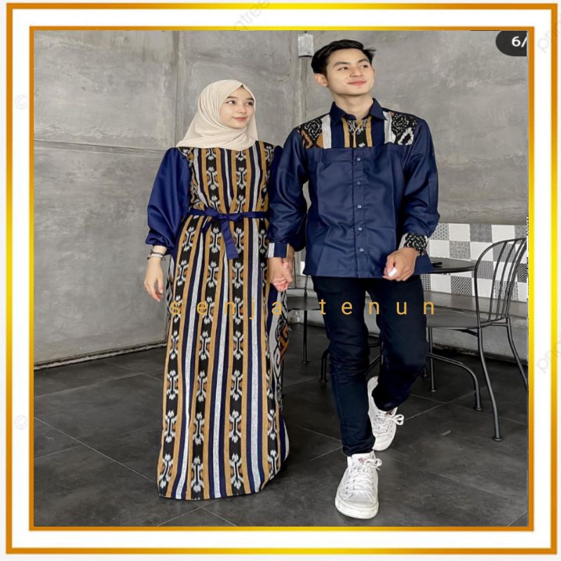 Gamis tenun ikat/set couple gamis tenun raya mustard navy