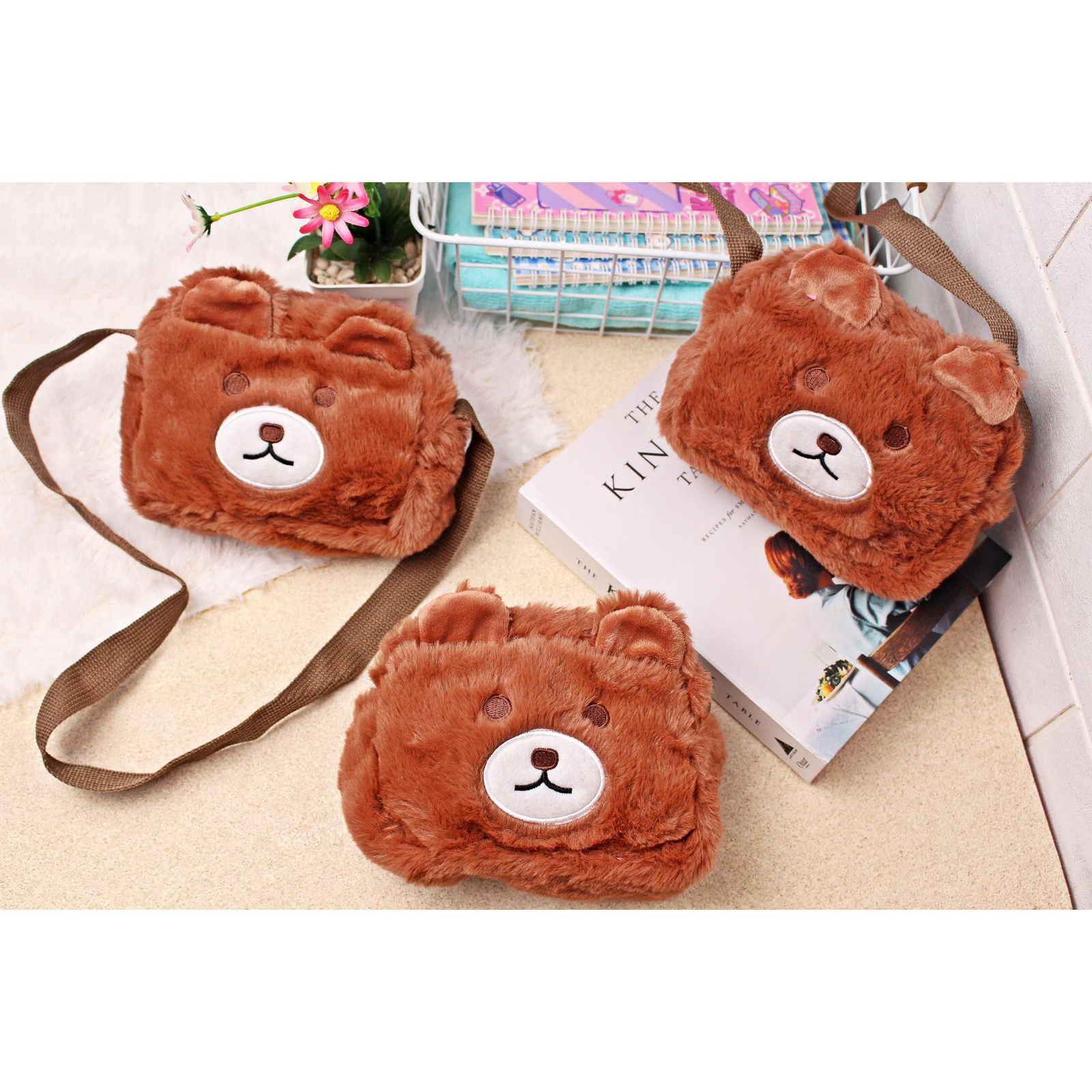 Tas Selempang Wanita Korea Kepala Bear Boneka Rilakkuma Beruang Bulu Sling Bag Kotak Lucu Anak Dewasa Perempuan Bukan Import