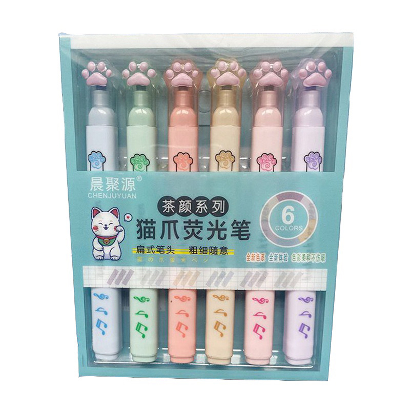 6pcs Spidol Highlighter Warna Pastel Fluorescent Bentuk Telapak Kaki Kucing Untuk Sekolah / Kantor