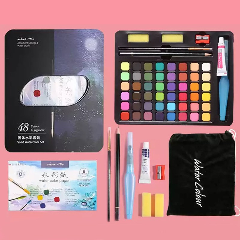 【Penjual Lokal】Cat Air Watercolor Set/Watercolor Paint Set - 48 warna water color alat cat air lukis set tas flanel gratis(termasuk kuas dan kertas gambar)