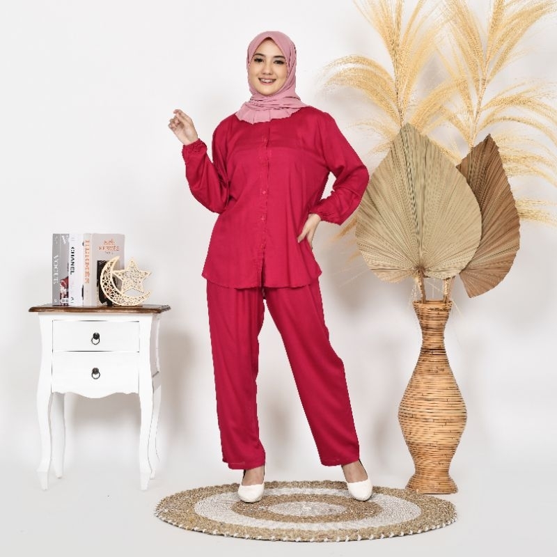 TPKK One Set Kerah Piyama Wanita Kekinian Rayon polos Pajamas Tangan Panjang Lengan Kerut Karet