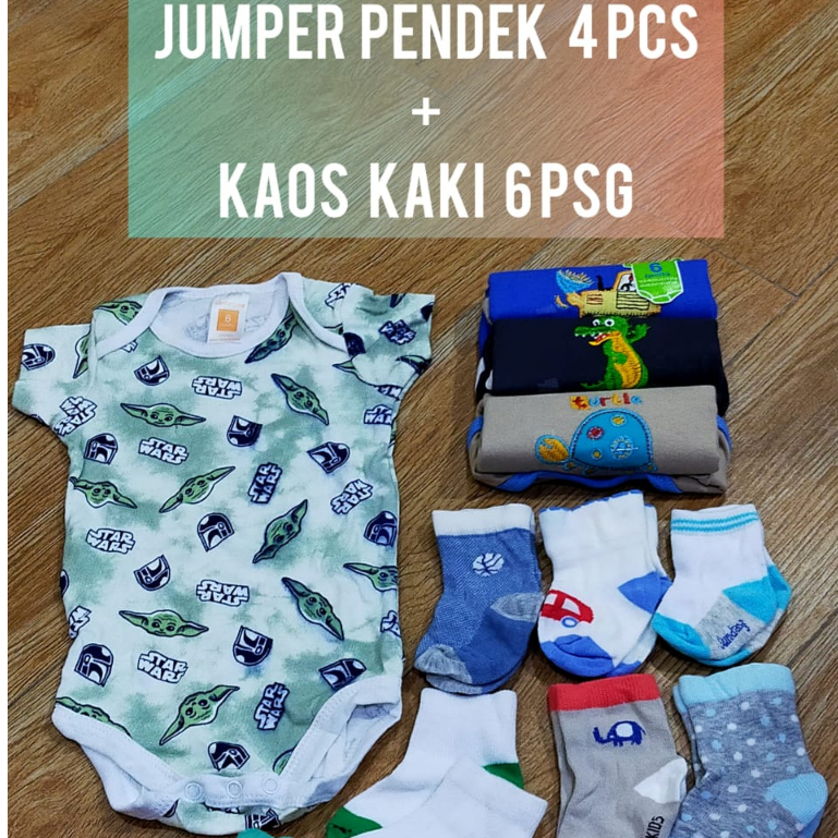 16 PCS JUMPER BAYI LENGAN PENDEK BEST QUALITY BAJU BAYI BODYSUIT JUMPSUIT PENDEK 4 PCS + KAOS KAKI 6 PASANG