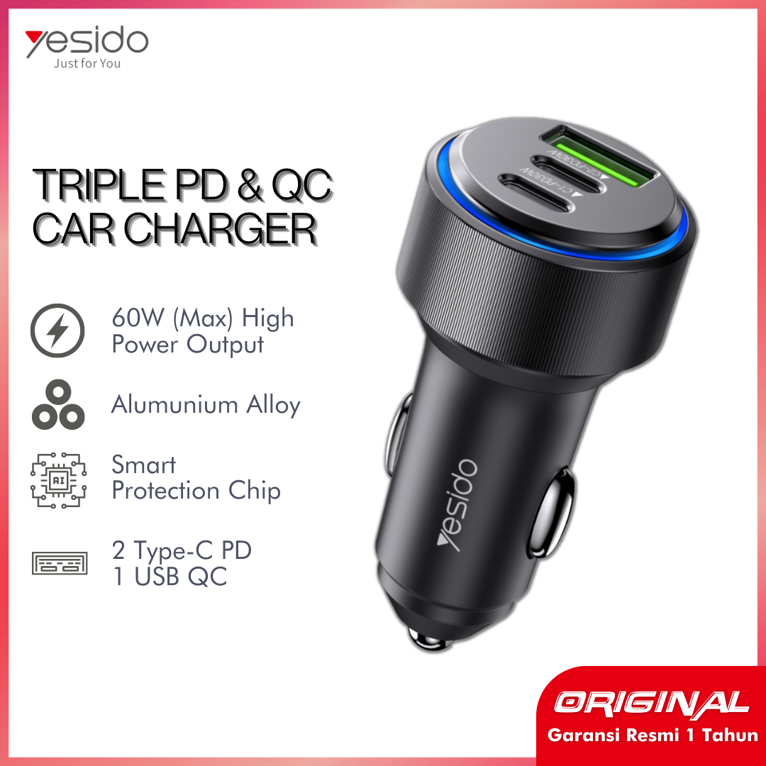 YESIDO Car Charger 3 Port PD QC Fast Charge 60W Max