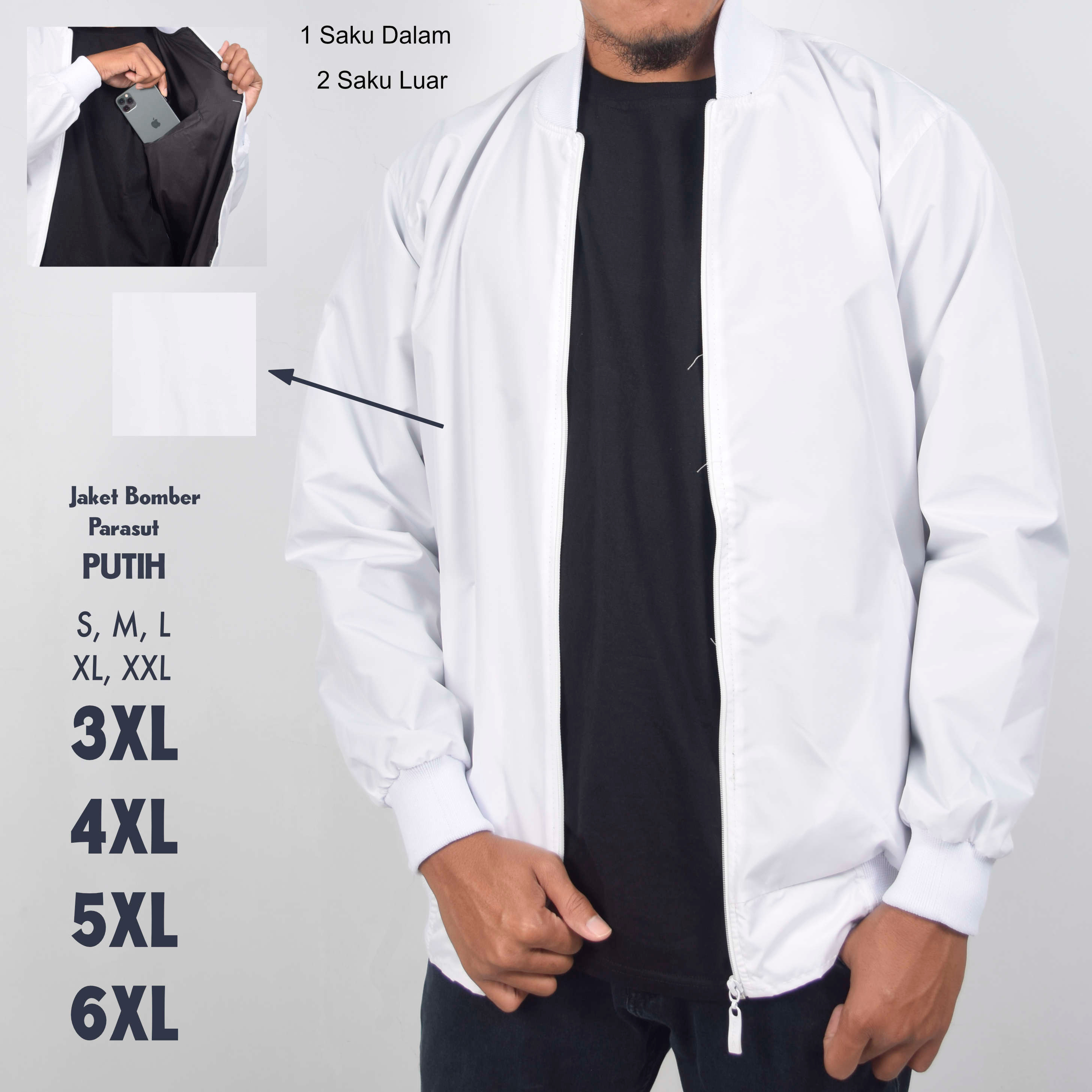 Jaket Bomber Motor Putih Parasut Pria Jumbo Big Size S M L XL XXL 3XL 4XL 5XL 6XL