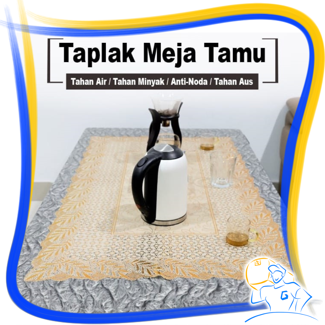 Taplak Meja Ruang Tamu PVC Alas Meja Anti Air Persegi Motif Minimalis Gold Vintage Renda Hias Premium