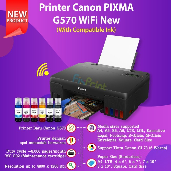 Canon Pixma G570 Single Function Ink Tank Wireless Photo Print Wifi