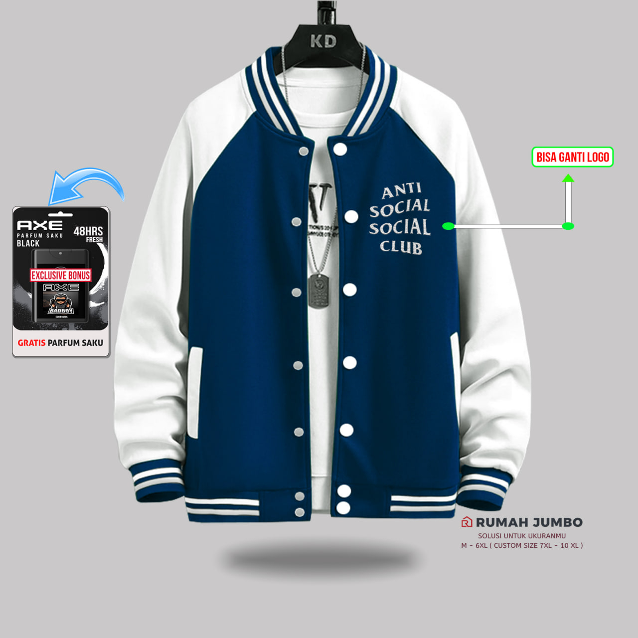 Jaket Bomber Varsity Baseball Oversize (M - 6XL) Jaket Custom Ansos Club Navi White