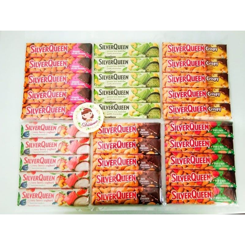 

.5 pcs Silverqueen batangan besar 58gr/55gr almond mede dark fruit and nut green tea very berry ( SCP )