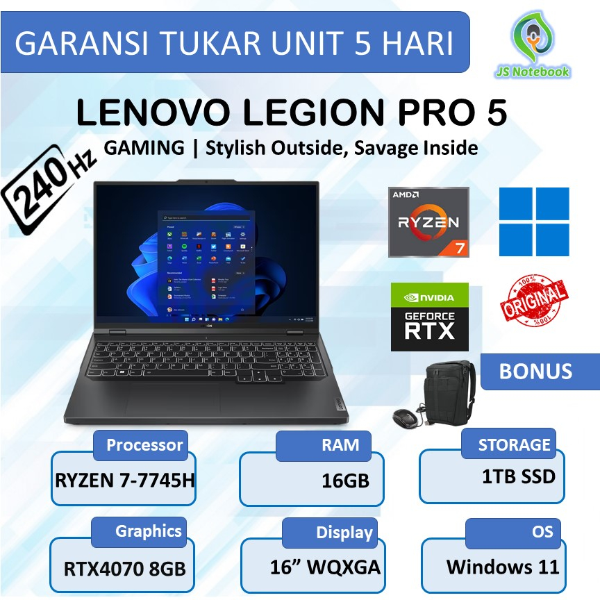 LENOVO LEGION PRO 5 RTX4070 8GB RYZEN 7-7745HX 16GB 1TB SSD W11+OHS 240Hz
