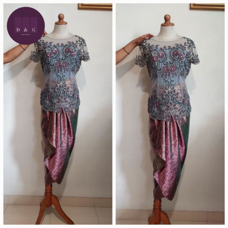 LIKE NEW SETELAN KEBAYA PESTA MODERN ABU-UNGU SIZE M (1X PAKAI)