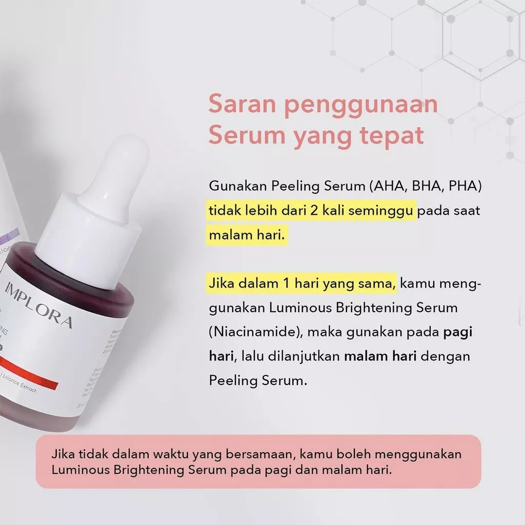 IMPLORA Serum 20ML | Luminous Brightening | Acne Jerawat | Peeling Exfoliating | Liporetinol | Bakuchiol | Salmon DNA | Birdnest Nourish | Midnight | Hydrating | Meningkatkan Elastisitas Kulit dan sebagai Antioksidan | Halus &amp; Glowing