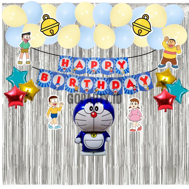 PAKET DEKORASI DORAEMON NOBITA BUNTING FLAG BALON BIRTHDAY ULANG TAHUN