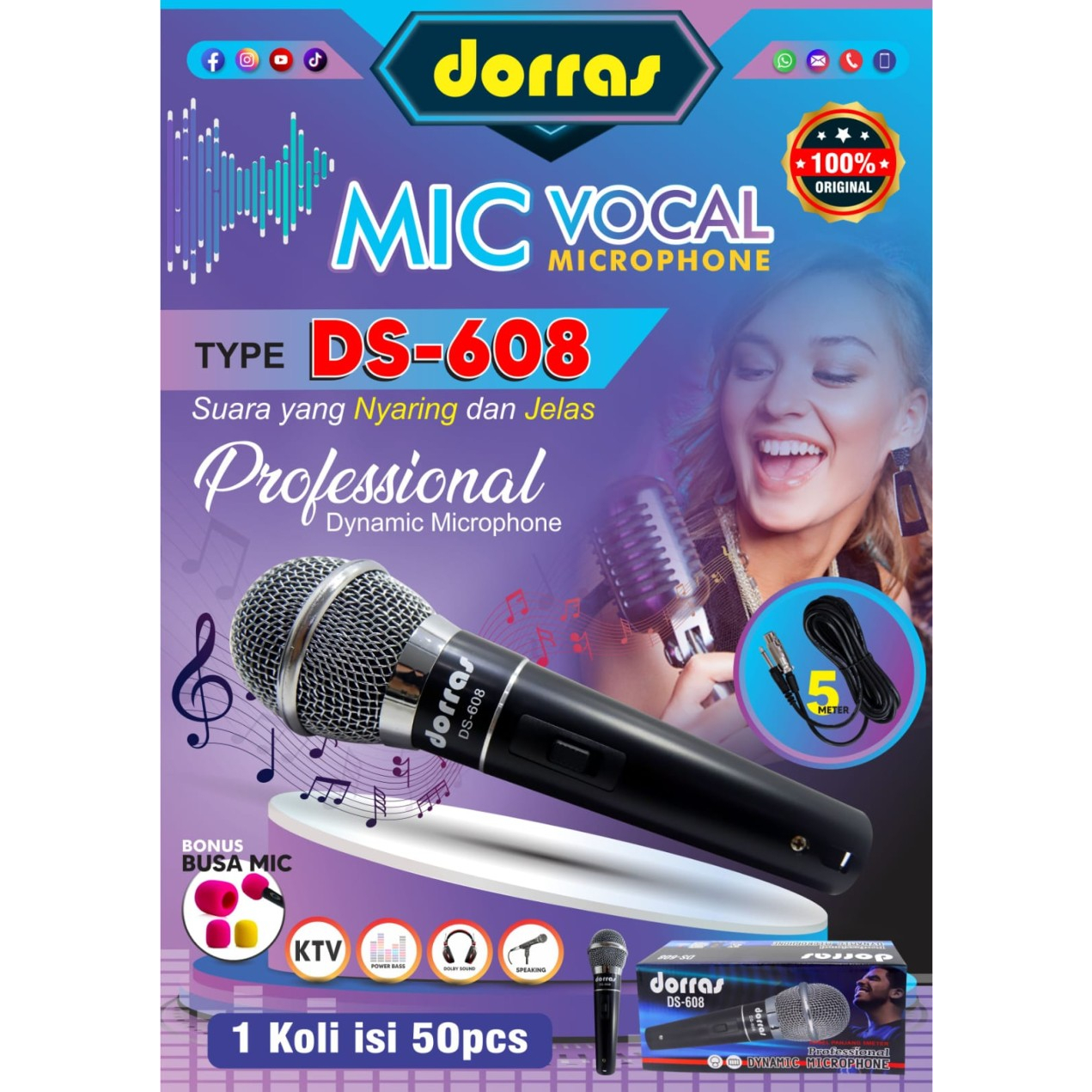 Mic Kabel Dorras DS 608 5 meter TERMURAH MIC BUAT KARAOKE SUARA JERNI MANTAP