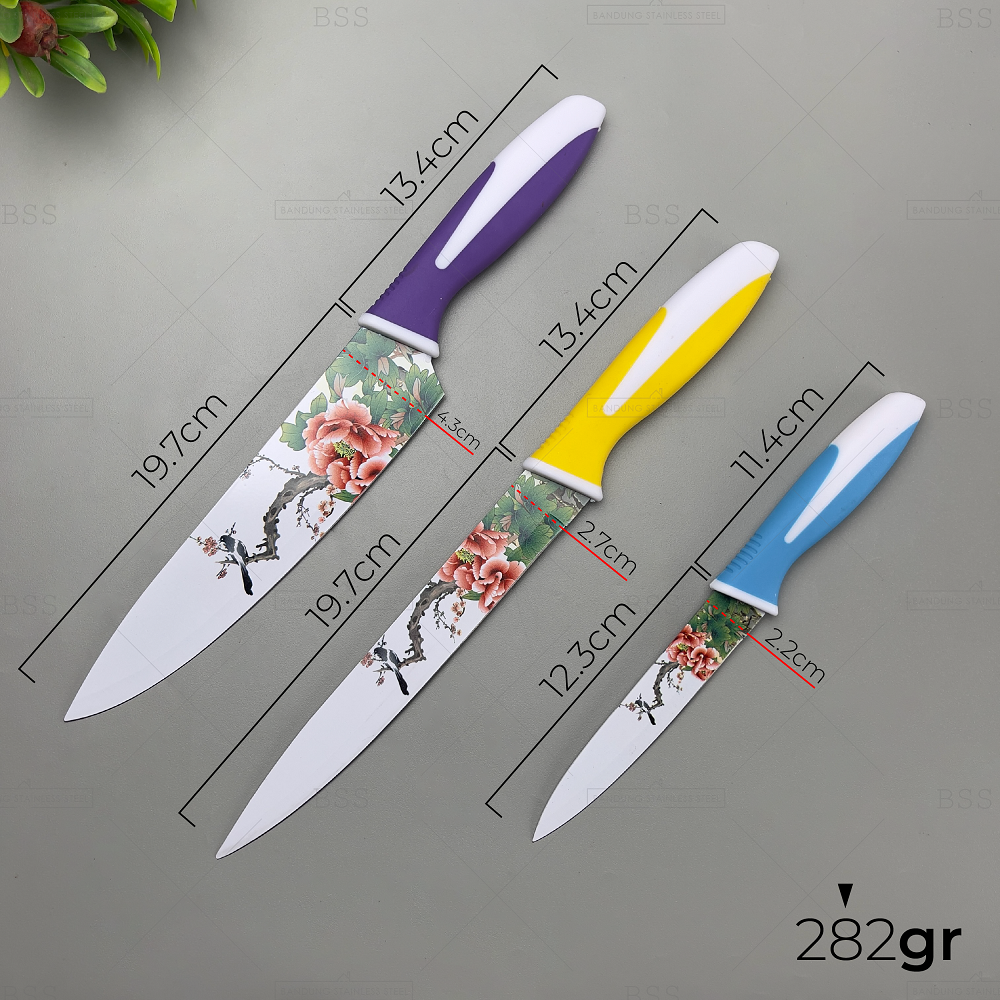 Pisau Set 3in1 Tajam Motif Serbaguna Kitchen Knife Chef Buah Daging Sayur Multifungsi Stainless Dapur Masak