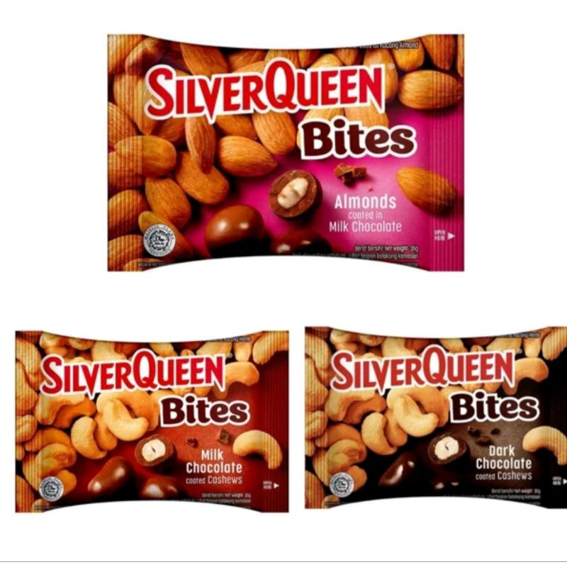 

.Eceran coklat Silverqueen Bites Almond, Cashew, Dark Cashew 30gr ( SCP )