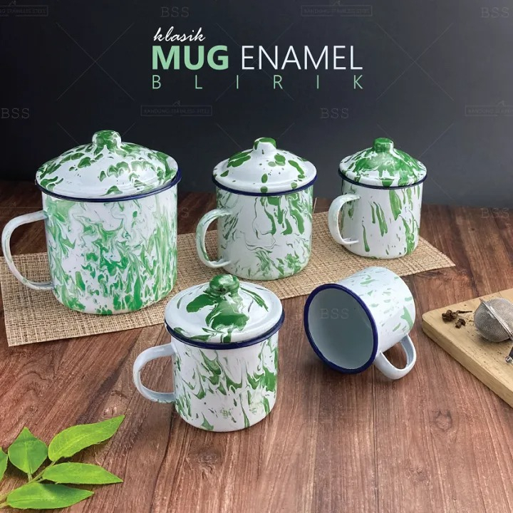 Cangkir Besi Mug Enamel Blirik 9cm + Tutup Jadul Klasik Gelas Blurik | Gelas Antik Blurik Hijau