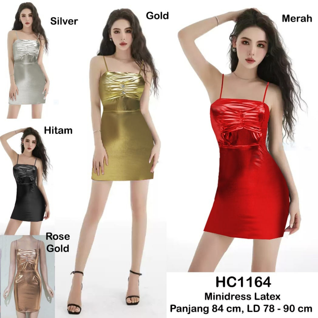 HC1164 Mini Dress Latex Tanpa Lengan Motif Polos Dada Kerut Stretch Bodycon / Dress Mini Seksi / Drees Sexy / Gaun Pendek