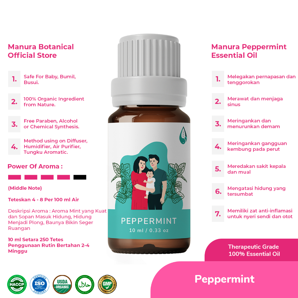 Peppermint - Manura Essential Oil Diffuser Humidifier Aromatherapy Certified Organic &amp; Therapeutic Grade #NON-BLEND