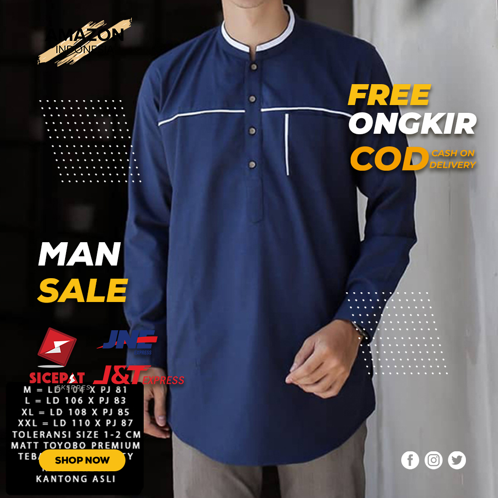 Baju Koko Ghazi Dewasa Lengan Panjang Warna Navy Material Catton Adem Serap Keringat