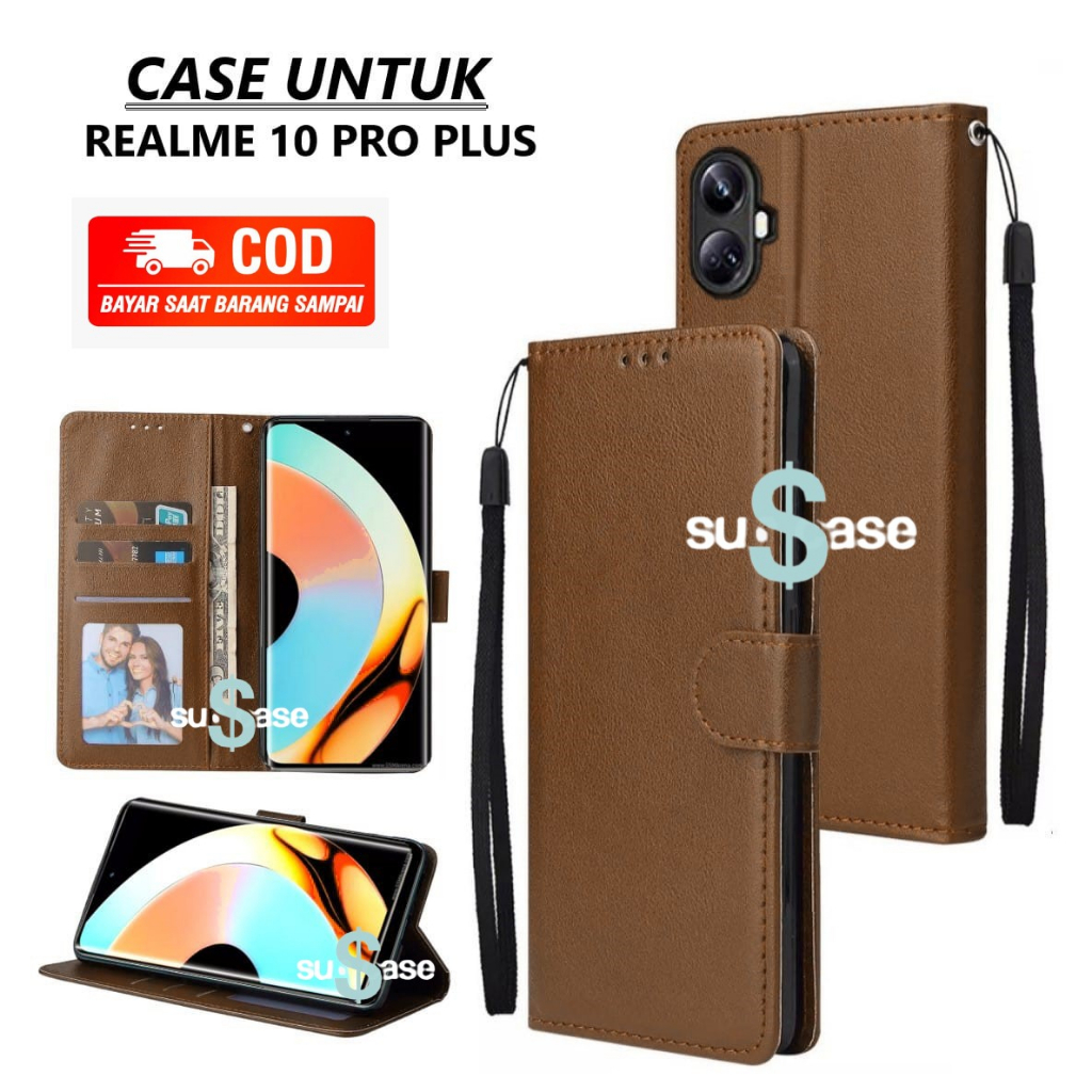 Casing REALME 10 PRO PLUS model flip buka tutup case kulit ada tempat foto dan kartu juga tali hp fl