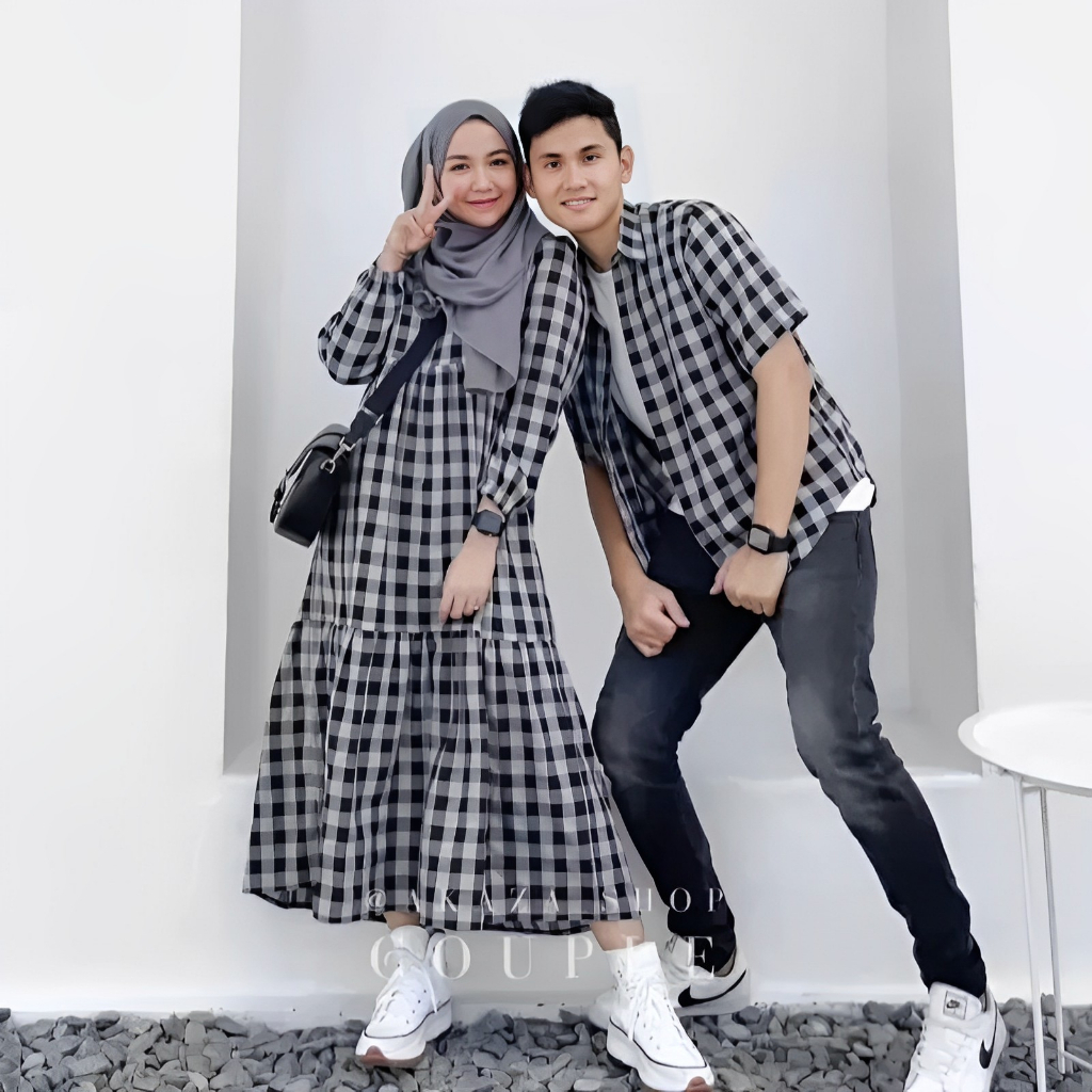 RMDN | Couple Pasangan Gamis Wanita Set Kemeja Pria Bahan Katun Kotak Premium Setelan Baju Muslim Co