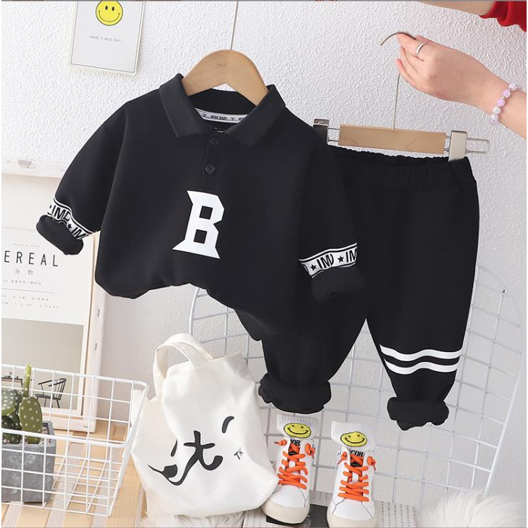 Setelan baju anak lakilaki lengan panjang usia 6 bulan - 5 tahun motif HURUF B PUTIH &amp; HITAM import