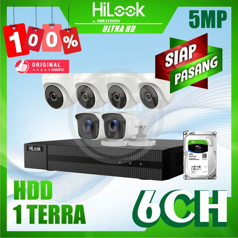 Paket CCTV HiLook by Hikvision 5MP 6 Kamera HDD 1TB Siap Pasang