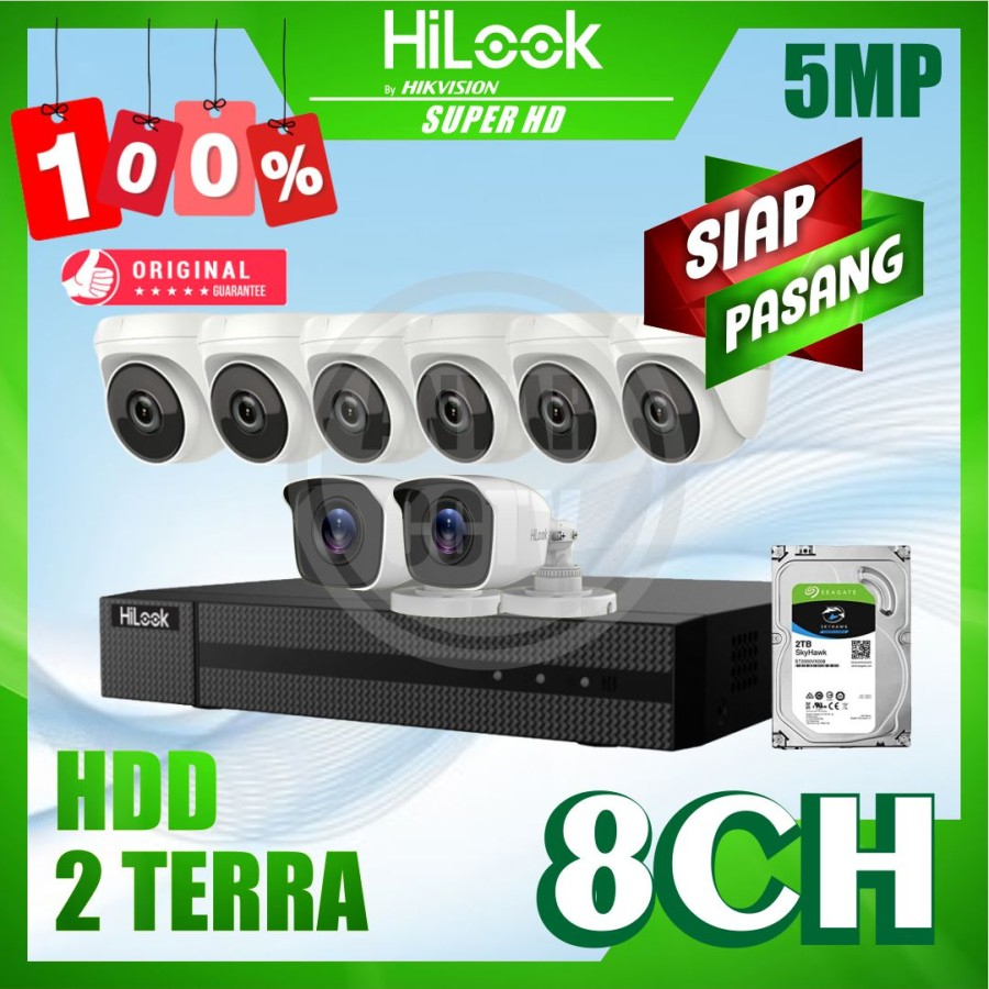 Paket CCTV HiLook by Hikvision 5MP 8 Kamera HDD 2TB Siap Pasang