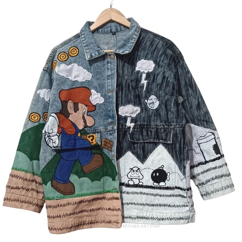 Jaket jeans levis denim oversize lukis painting art super mario