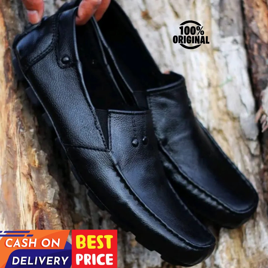 ENOZ X CORZA - Sepatu Loafers Pria Slop Moccasin Bloes Slip On Kasual Bagus Kulit Asli Warna Hitam Retro Sepatu Selop Casual Cowok Keren Trendy Modis Kekinian