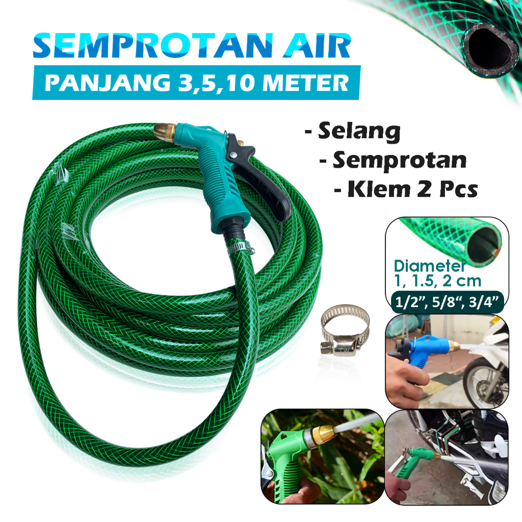 Paket Siram Tanaman Selang Air Serat Benang Anti Lumut Selang Benang Ukuran 5/8 - Selang Air Serat Benang FREE Kepala Semprotan Hose Nozzle + 2 Klem