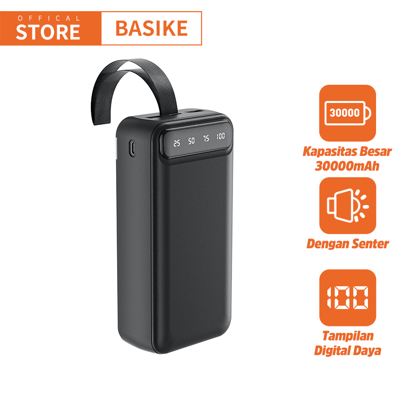 BASIKE Powerbank 30000 mAh Fast Charging Dual USB Output 2 Input LED Display Murah Mini With Flashlight handle for iphone anker samsung