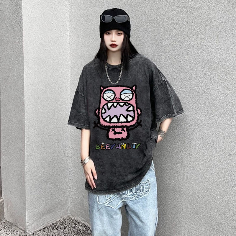 XIAOZHAINV Korean Style Kartun Monster Kecil Pattern Washed Printing Kaos Wanita A0918/Atasan Wanita Terbaru