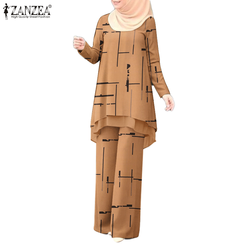 ZANZEA Women Leisure Full Sleeve Double-layer Irregular Hem Stripe Printing Elastic Waist Muslim Set