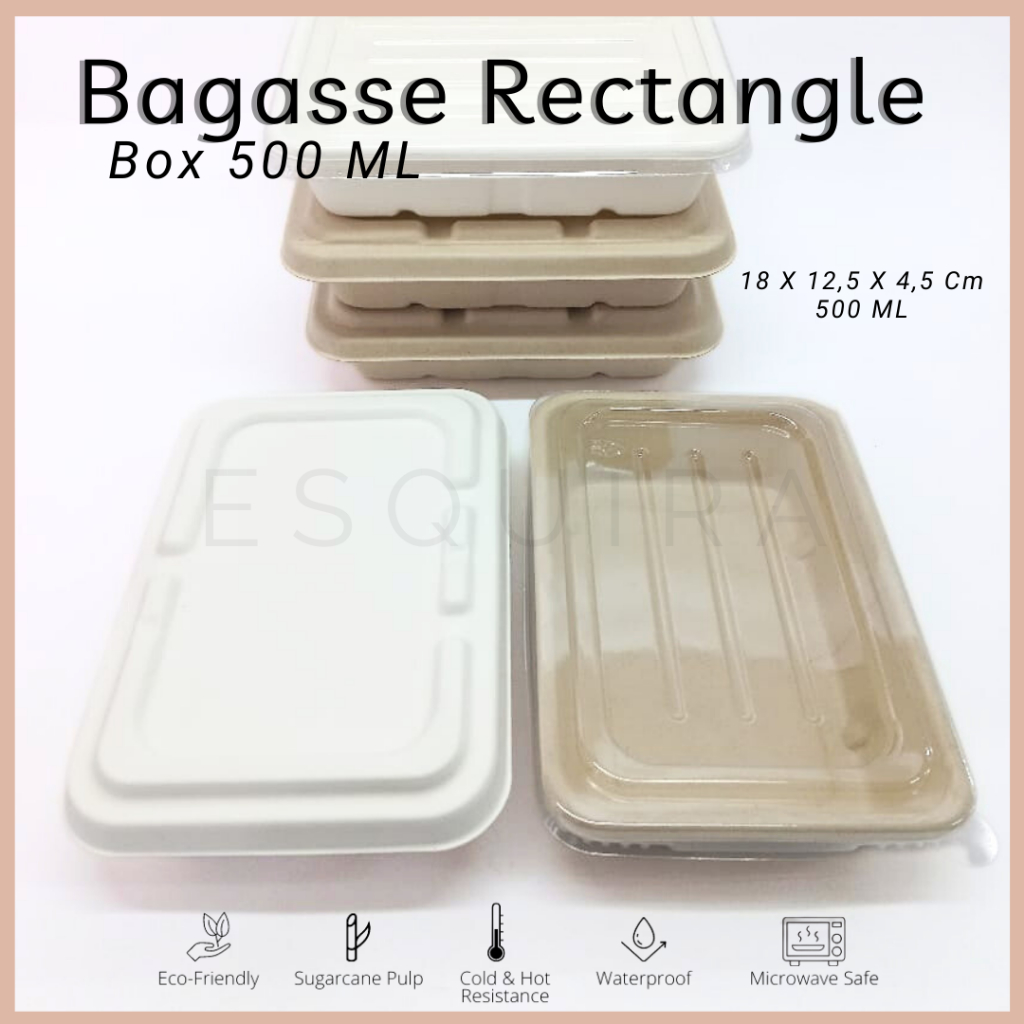 Bagasse Rectangle / Lunch Box 500 ML/Pulp Lid /Mika Lid /10 PCS/ C500,C500X