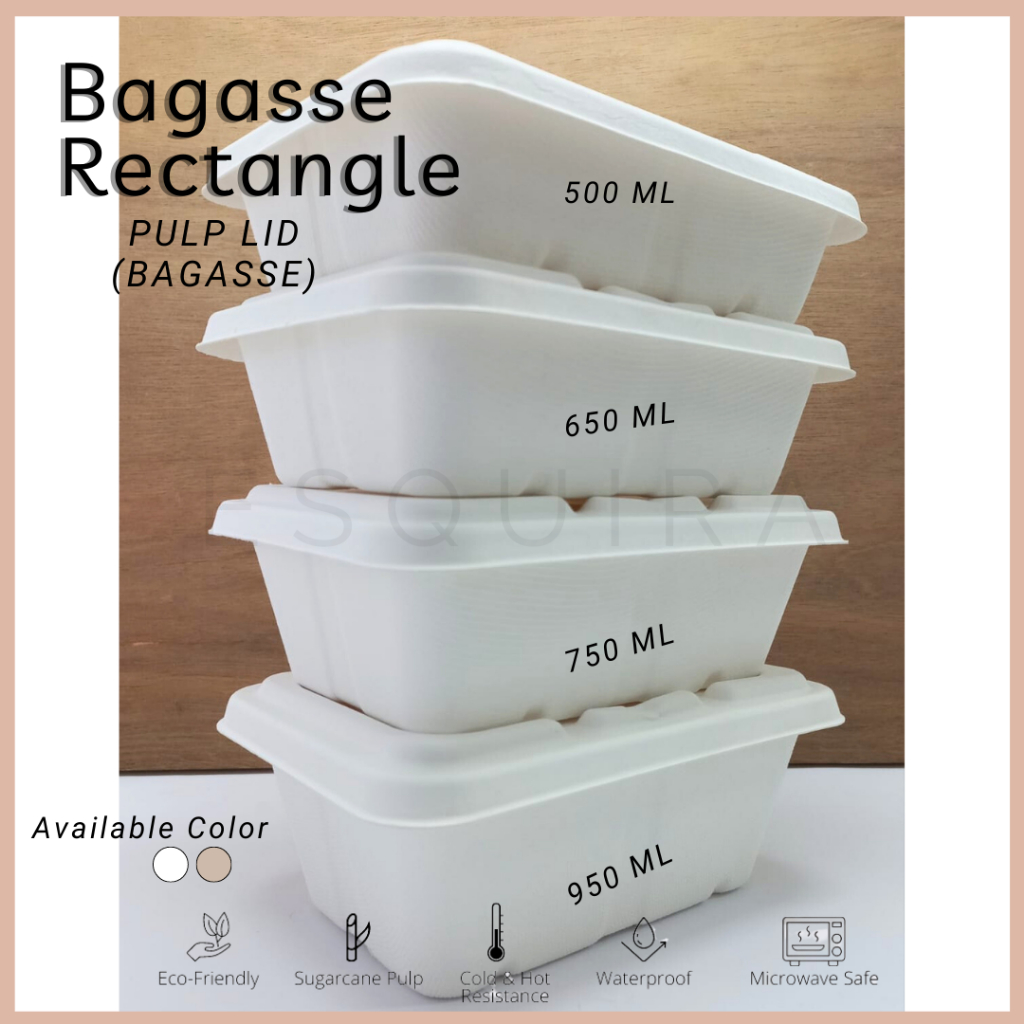 Bagasse Rectangle / Lunch Box 500 ML/Pulp Lid /Mika Lid /10 PCS/ C500,C500X