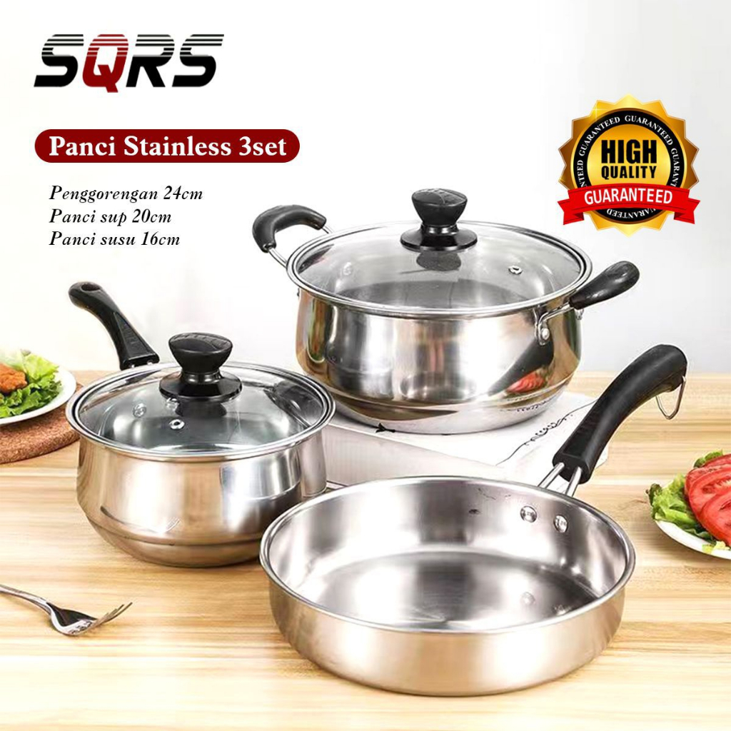 PANCI STAINLESS STEEL SQRS 3 SET Panci Serbaguna Set Panci Anti Karat Set Panci Susu Set Panci Sup Set Panci Tumis Set Happiness