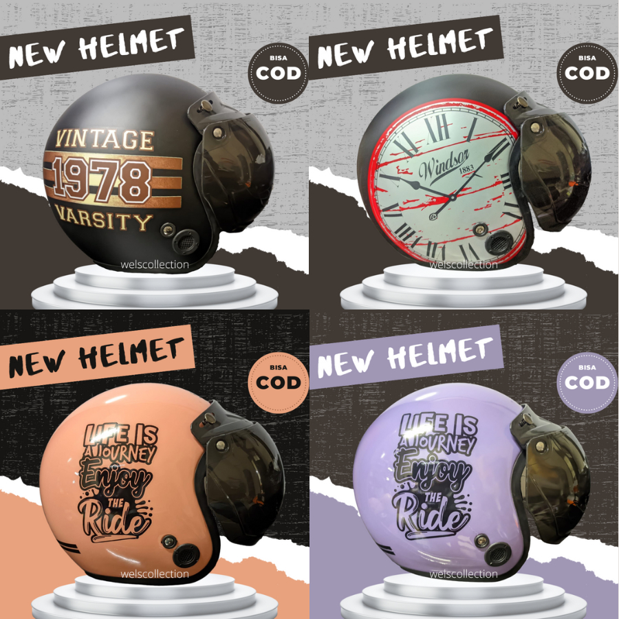 Helm Bogo Wanita Pria Perempuan Dewasa Classic Retro Motif Kaca Datar Cembung Hitam Full Leher SNI