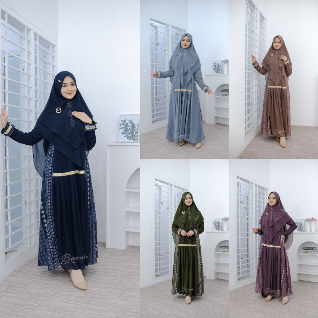 Gamis ceruty babydoll set Khimar Kanaya bermerks Zemima Alesa Permata motif printing Salur Berlian hijab syari Seruti ultimate grosir