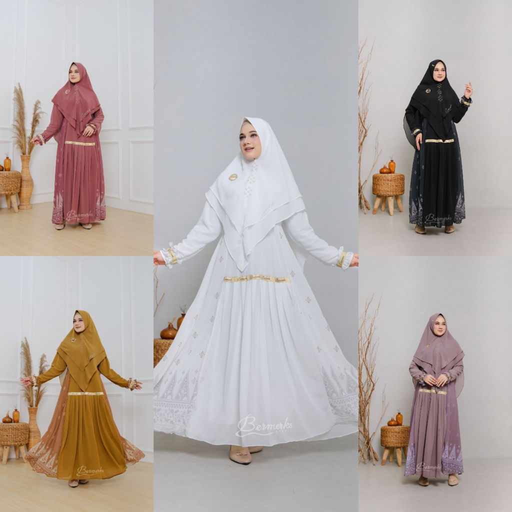 Gamis ceruty babydoll set Khimar Kanaya bermerks Zemima Alesa Permata motif printing Salur Berlian hijab syari Seruti ultimate grosir