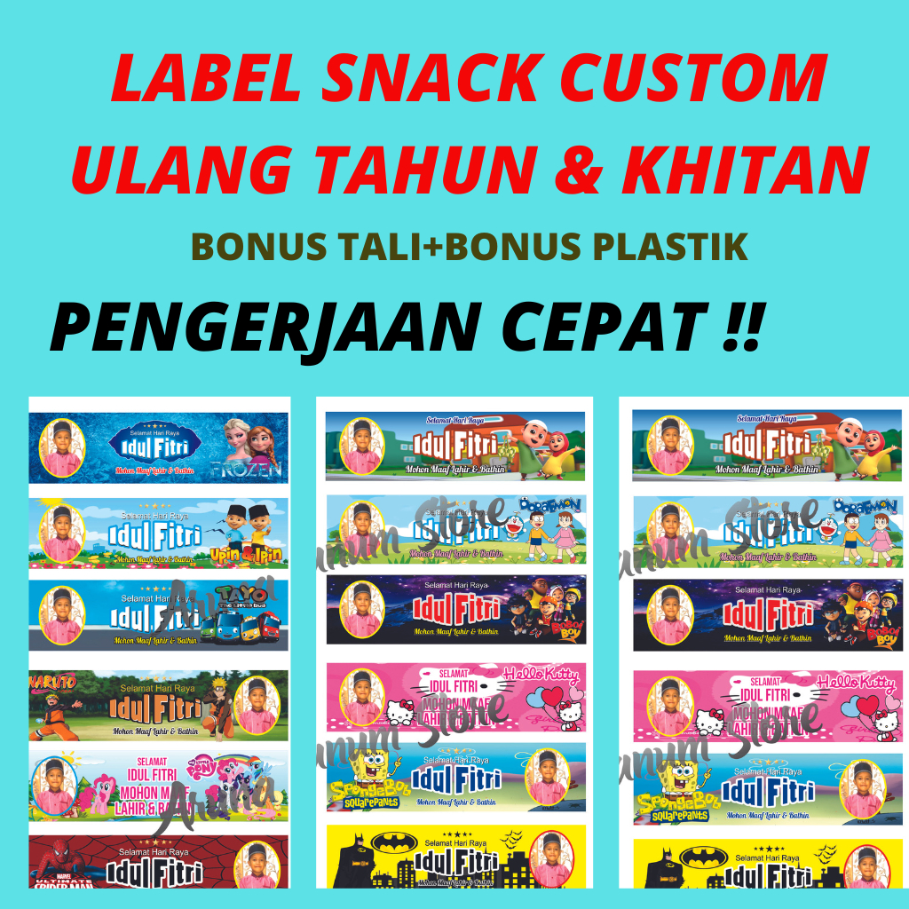 

LENGKAP !! LABEL SNACK CUSTOM ULTAH & KHITAN FREE TALI dan PLASTIK TAMBAH FOTO