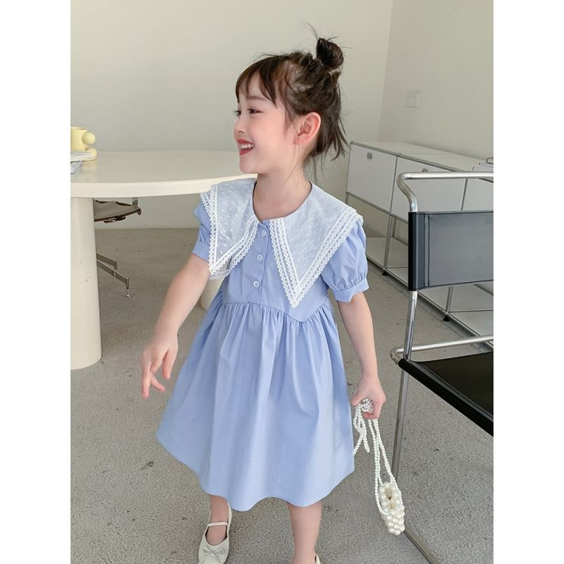 Dress Anak Perempuan Biru Polos Kancing Atas