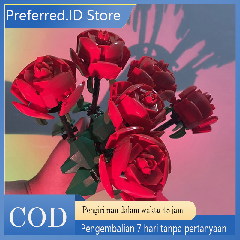 Buket romantis blok bangunan mawar model bunga bata bata bunga DIY mainan mainan bata set mainan anak-anak / untuk dekorasi desktop hadiah ulang tahun mawar MGH01