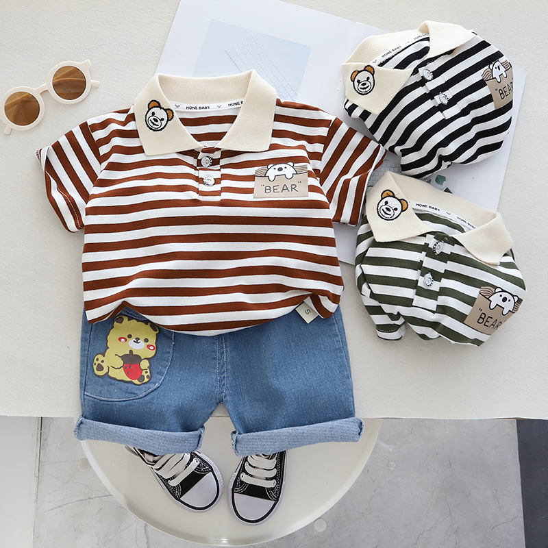 Setelan Anak Laki Laki AVALON Baju Set 2in1 Kaos Polo Garis dan Celana Jeans Pendek Import