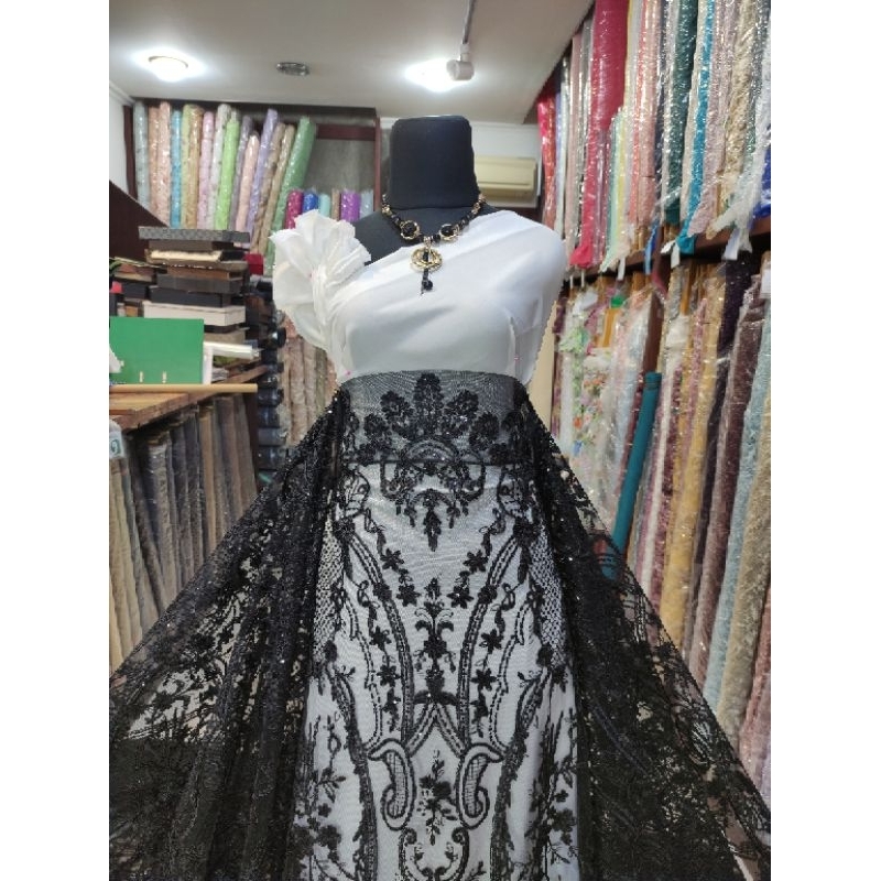 Kain Tile Brokat Etnik Payet Batu Akar Bridal AV397-22-3 Hitam