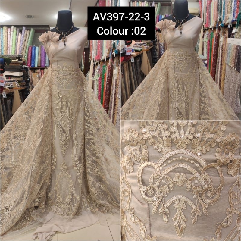 Kain Tile Brokat Etnik Payet Batu Akar Bridal AV397-22-3 cream