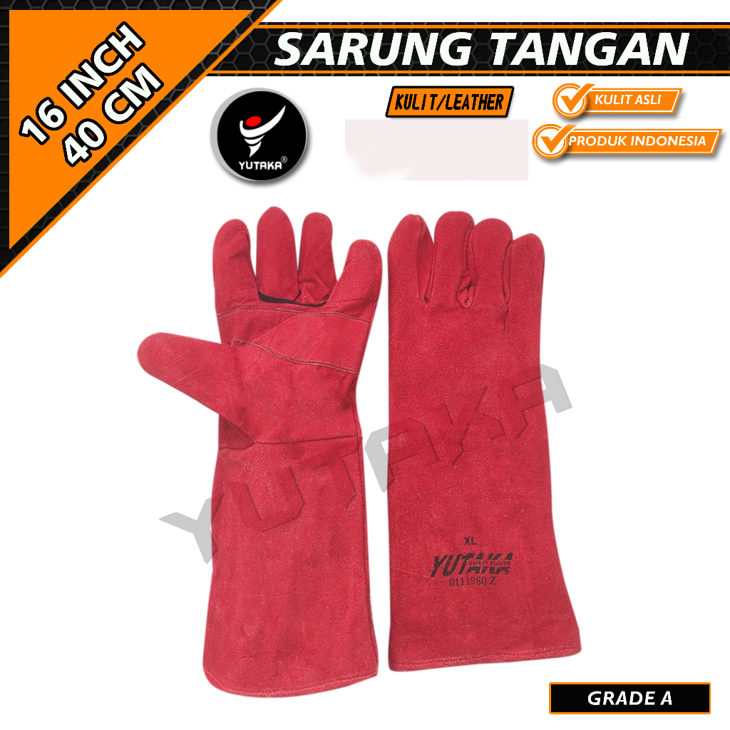 SARUNG TANGAN LAS YUTAKA 16 INCH MERAH/sarung tangan kulit las yutaka 16 inch murah/sarung tangan welding glove yutaka terlaris