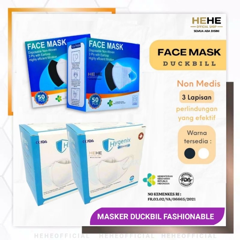 Masker Duckbill 3 PLY Isi 50Pcs Per BOX Face Mask Earloop Disposable 3PLY Masker Dukbil Hitam Putih 