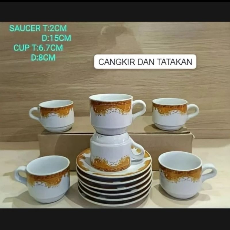 Gelas set keramik mahkota + piring tatakan/cangkir set